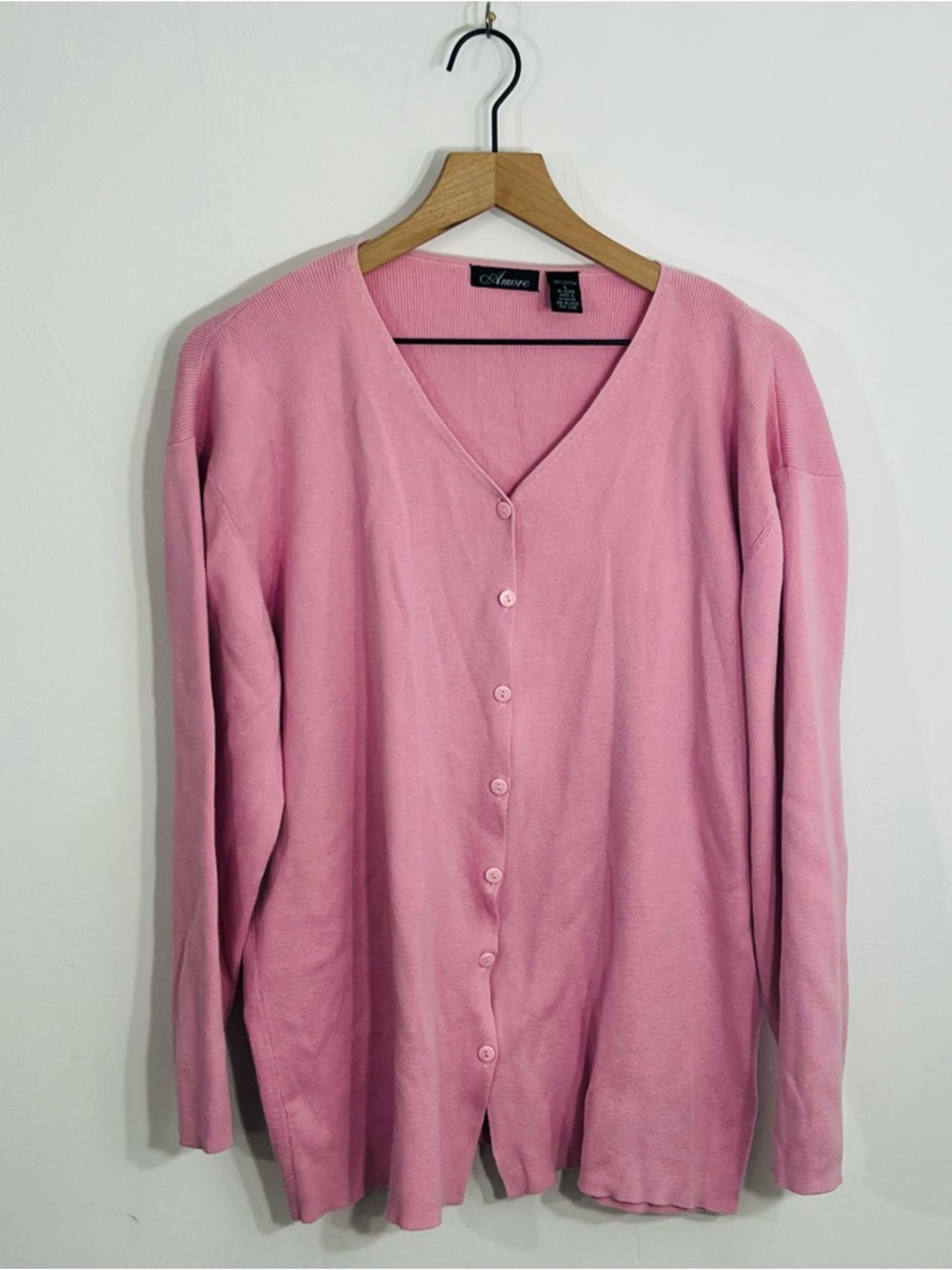 Amore Baby Pink Long Sleeve V Neck Button Cardigan Sweater 100% Cotton Size L